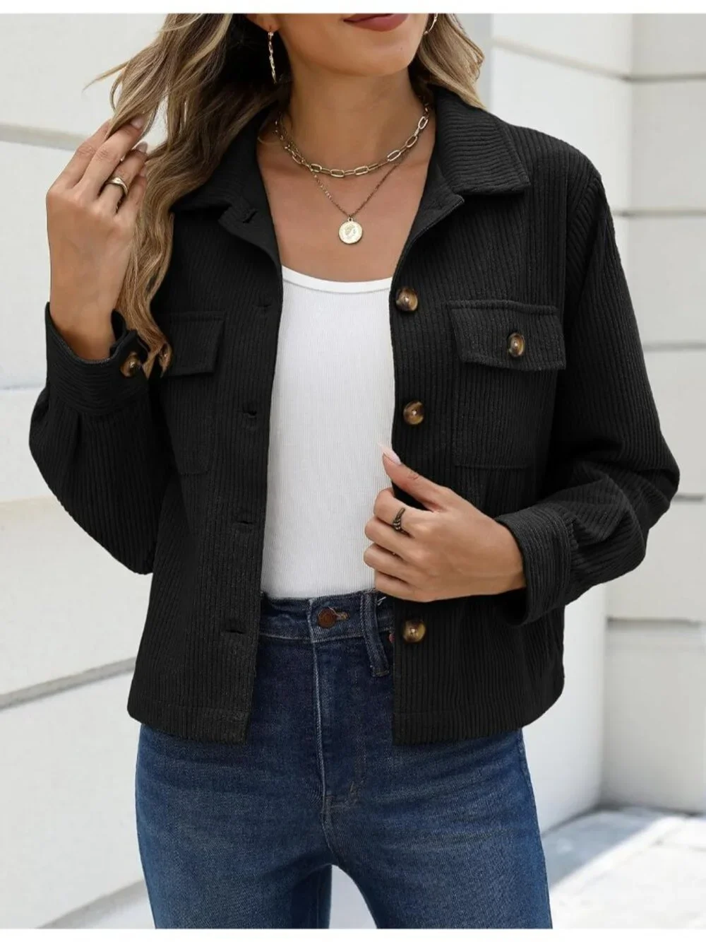 Women's Black Fashion Cropped Corduroy Button Down Long Sleeve Trendy Jacket